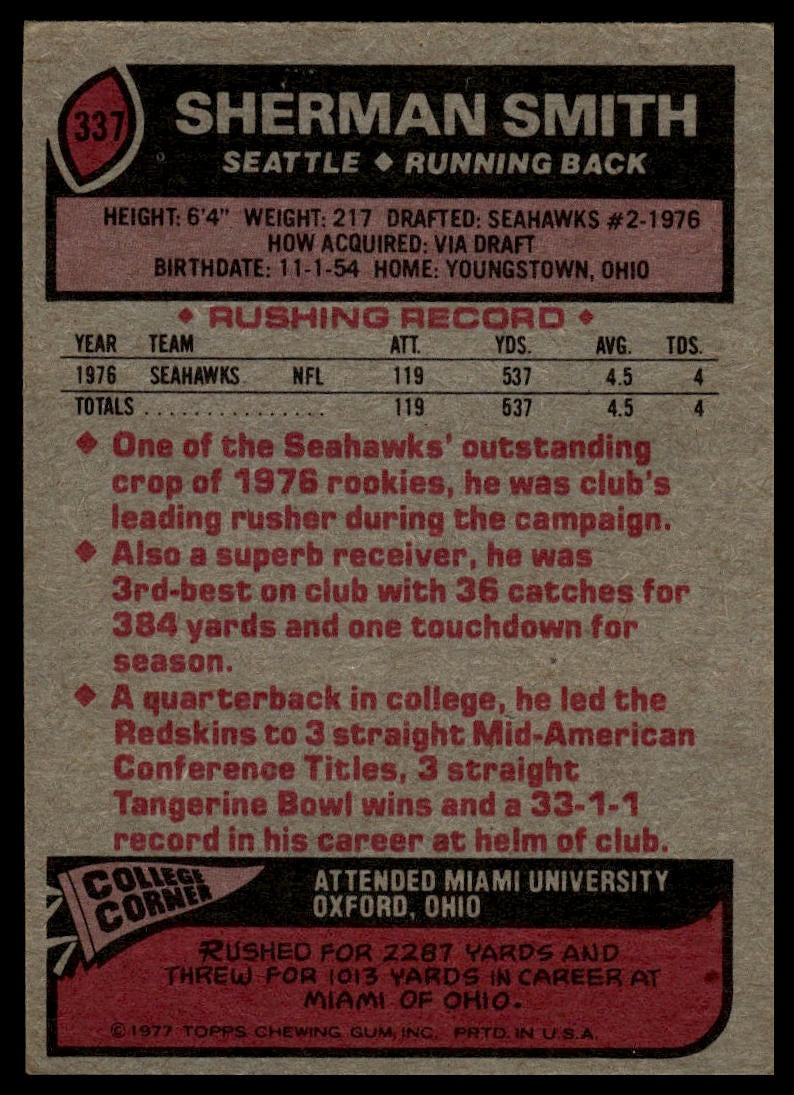1977 Topps #337 Sherman Smith