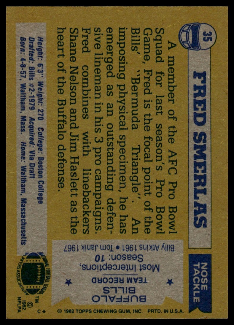 1982 Topps #35 Fred Smerlas