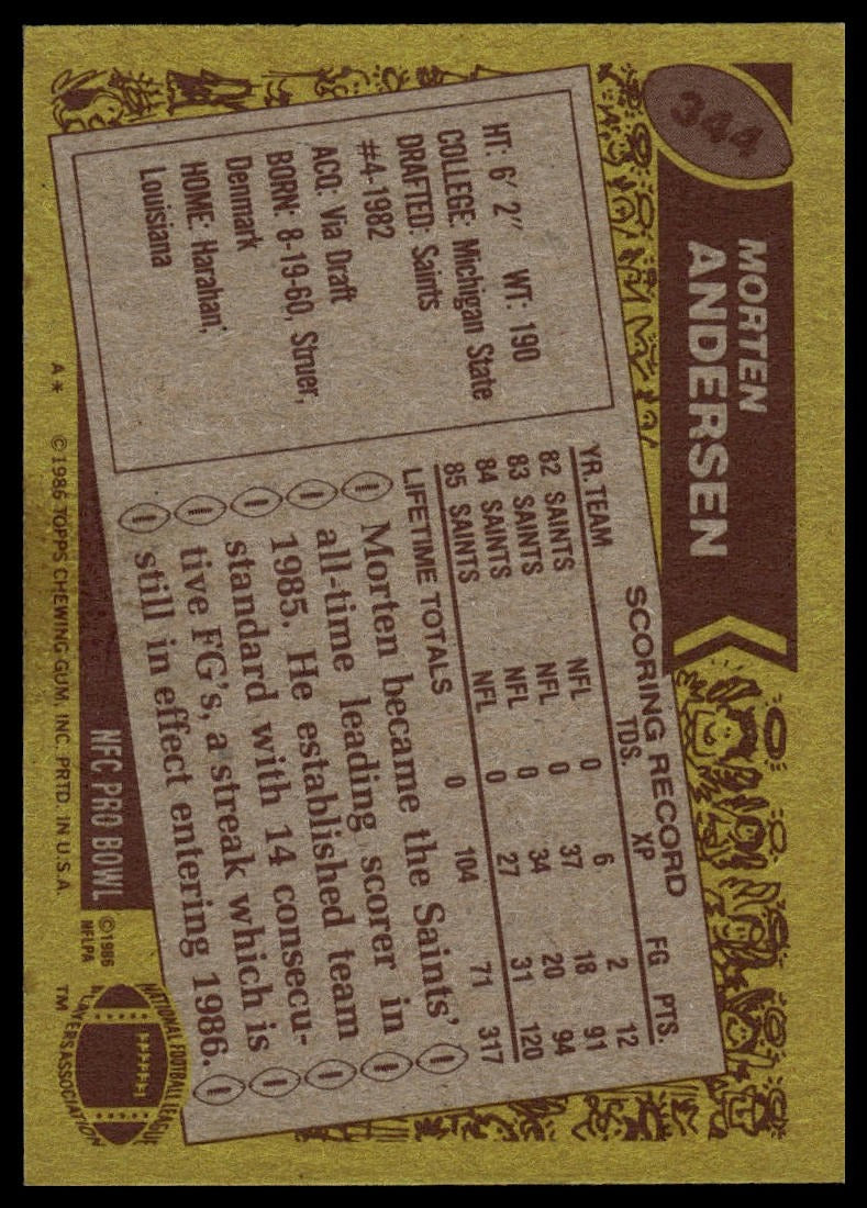 1986 Topps #344 Morten Andersen