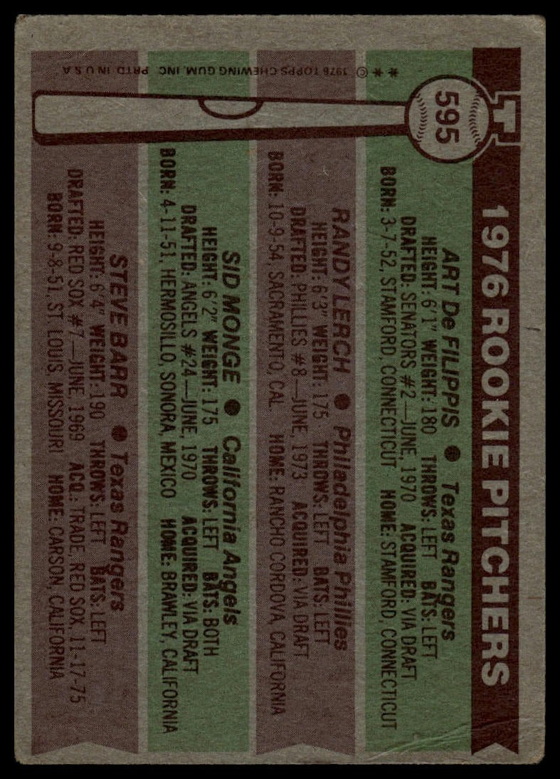 1976 Topps #595 Rookie Pitchers DeFilippis Lerch Sid Monge Steve Barr