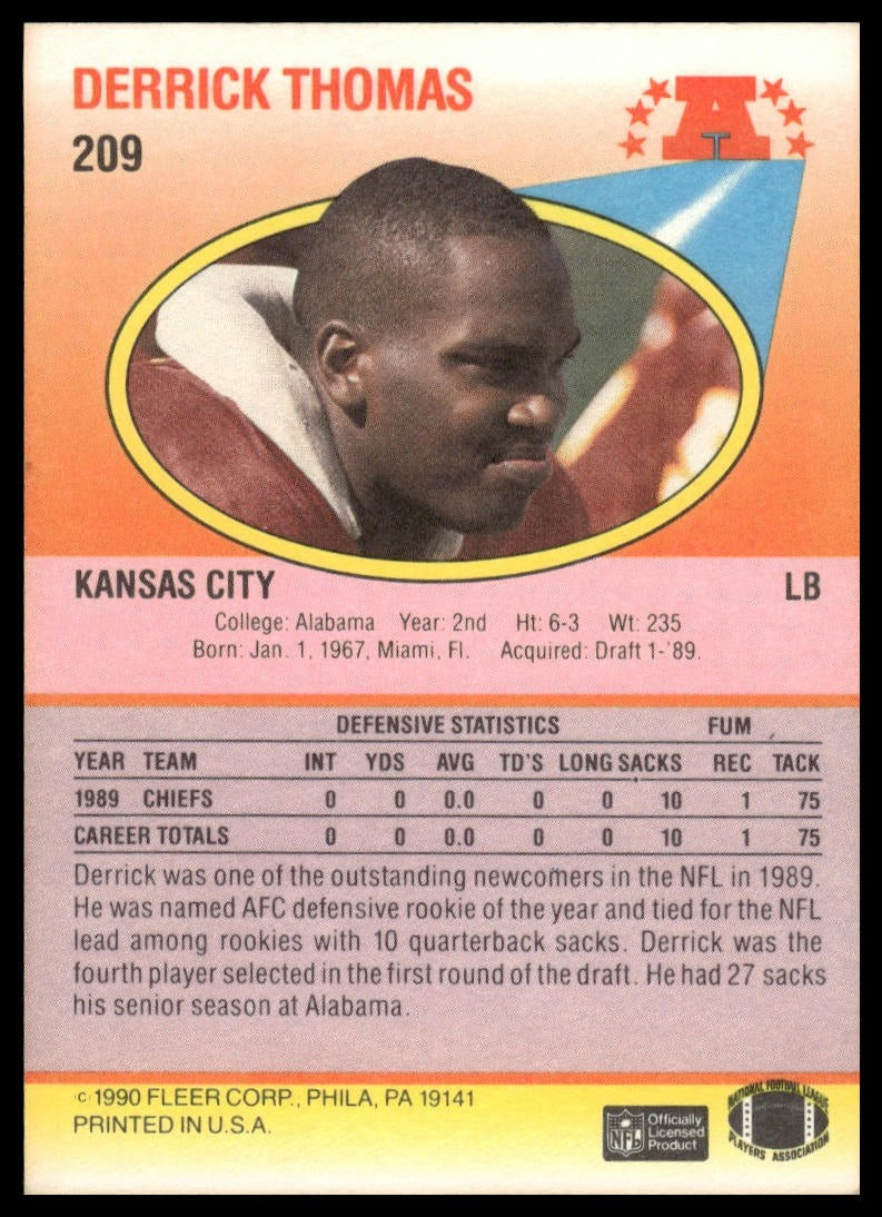 1990 Fleer #209b Derrick Thomas Right edge of A in AFC logo aligned with blue