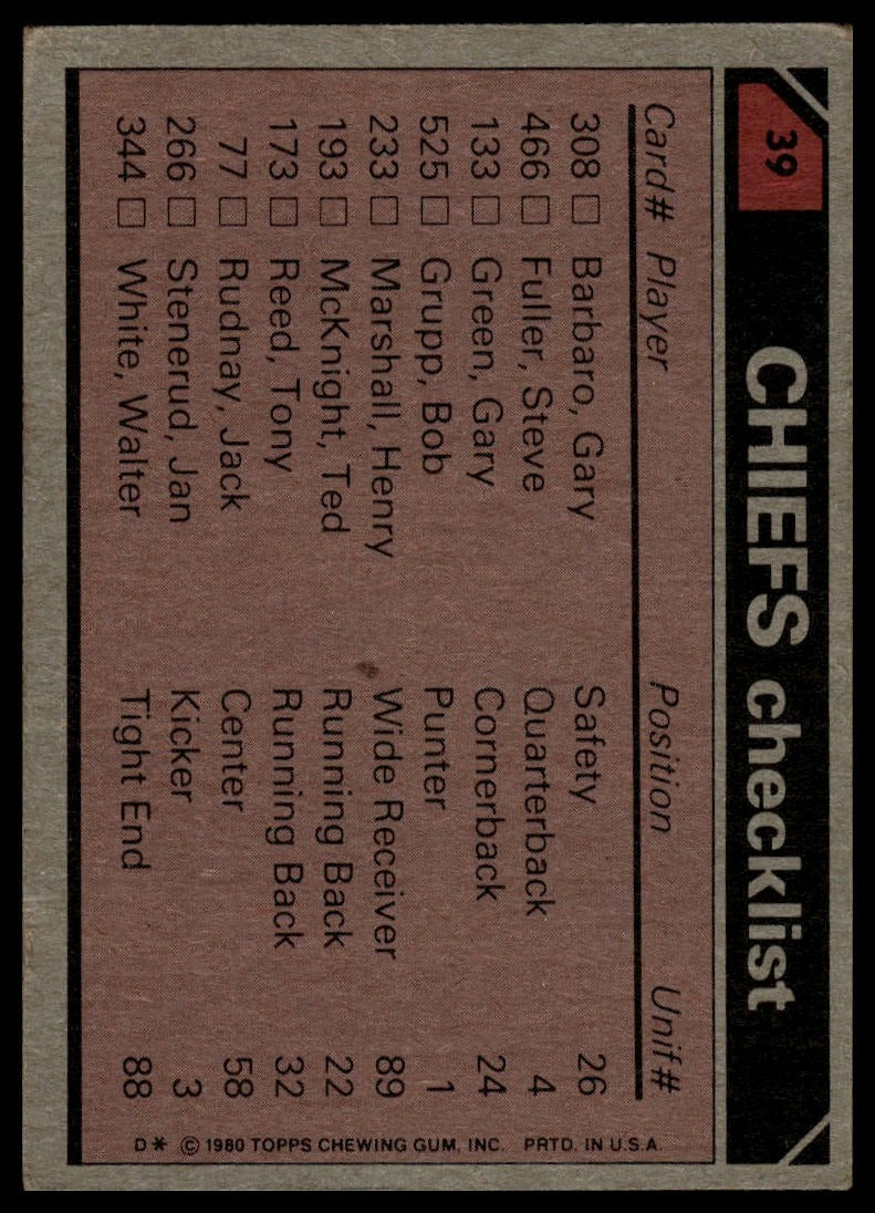 1980 Topps #39 Chiefs Team Leaders Checklist McKnight Smith Barbaro Still