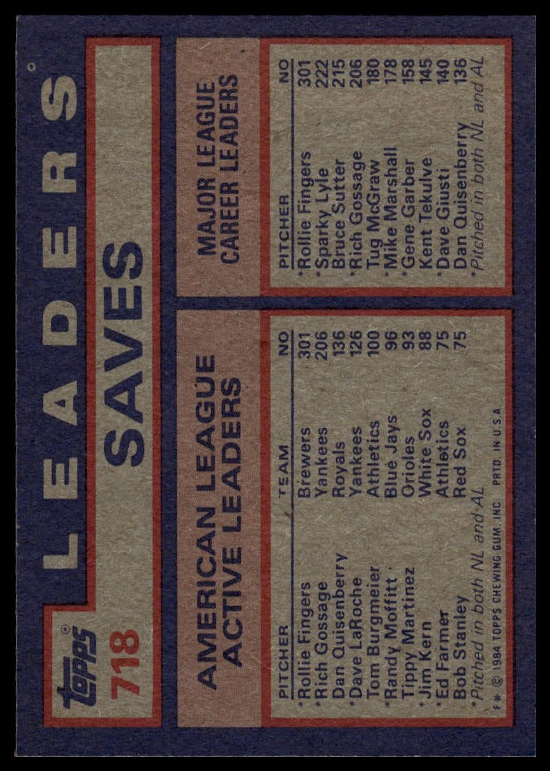 1984 Topps #718 AL Active Career Save Leaders Fingers Gossage Quisenberry