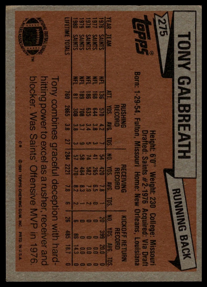 1981 Topps #275 Tony Galbreath