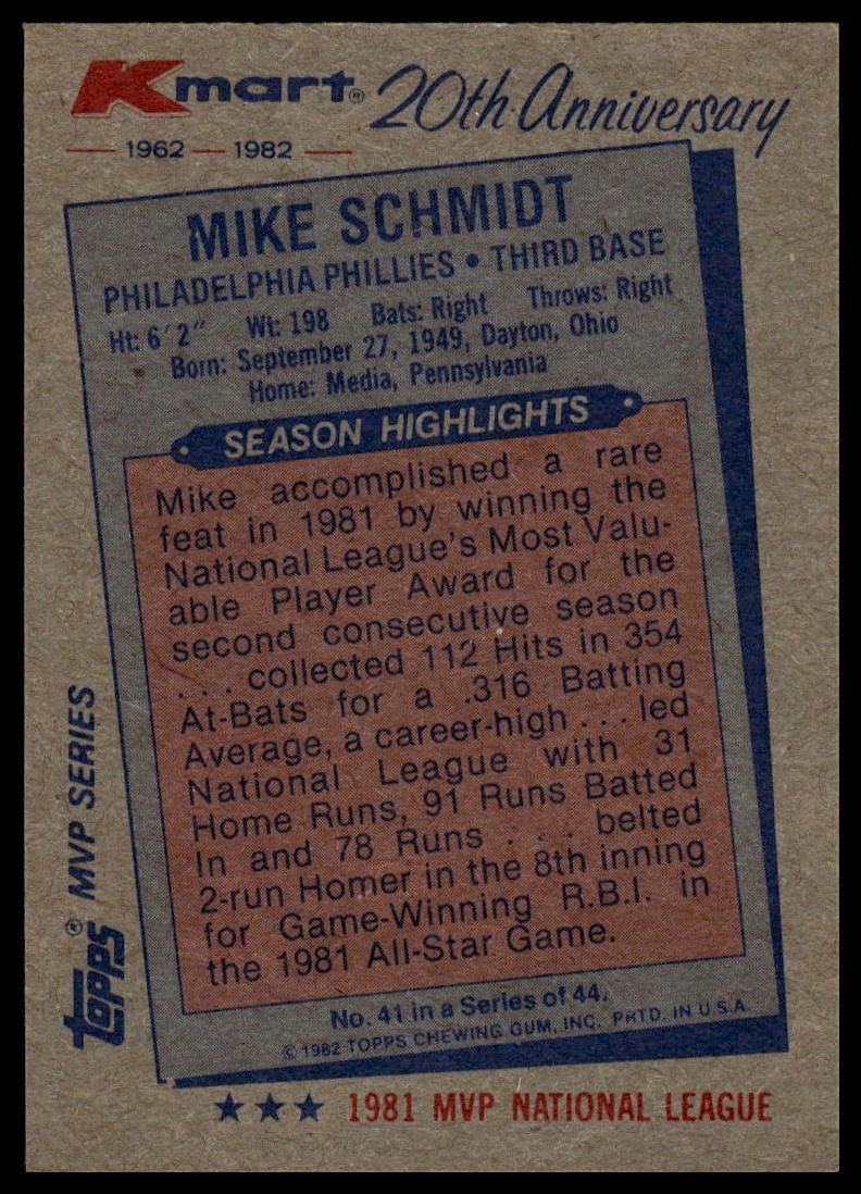 1982 Topps Kmart 20th Anniversary AL & NL MVP's #41 Mike Schmidt