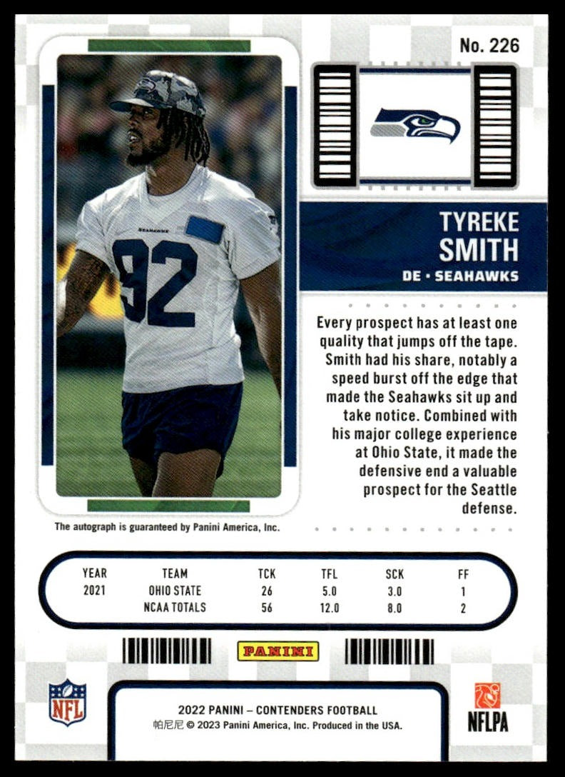 2022 Panini Contenders #226 Tyreke Smith Rookie Ticket Auto RC Seahawks