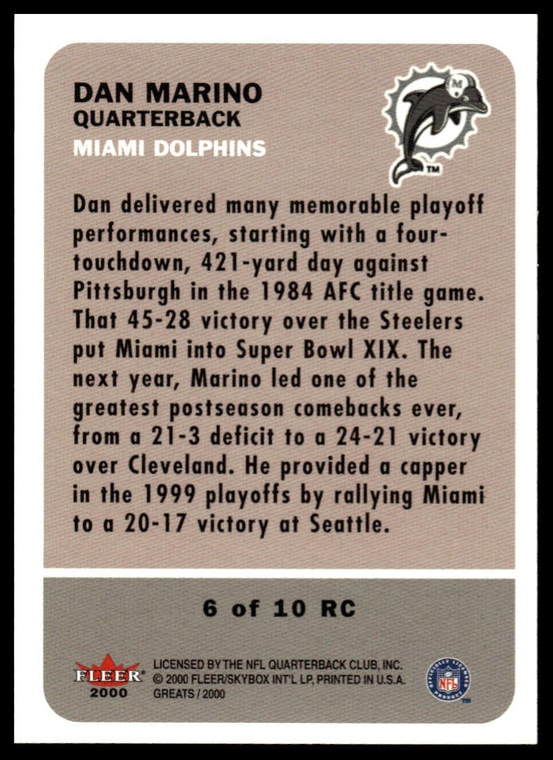 2000 Fleer Greats of the Game #6RC Dan Marino Retrospection Collection